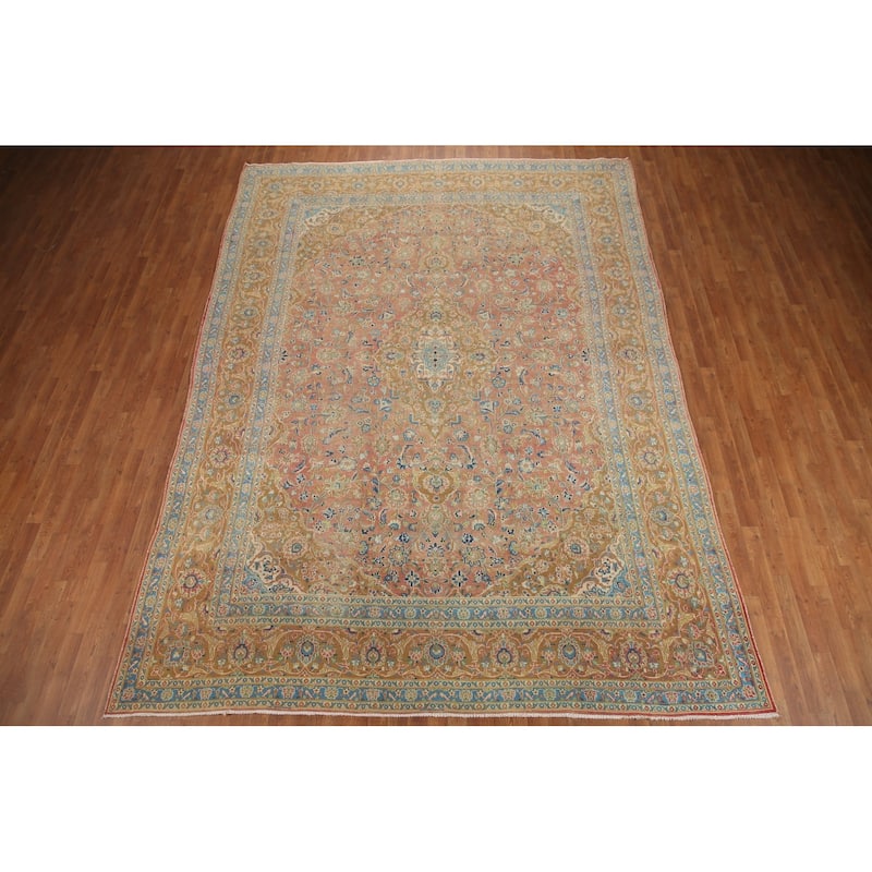 Hand Knotted Oriental 100% Wool Carpet Traditional Floral Pink Mashad Area Rug - 12' 9'' X 9' 4''