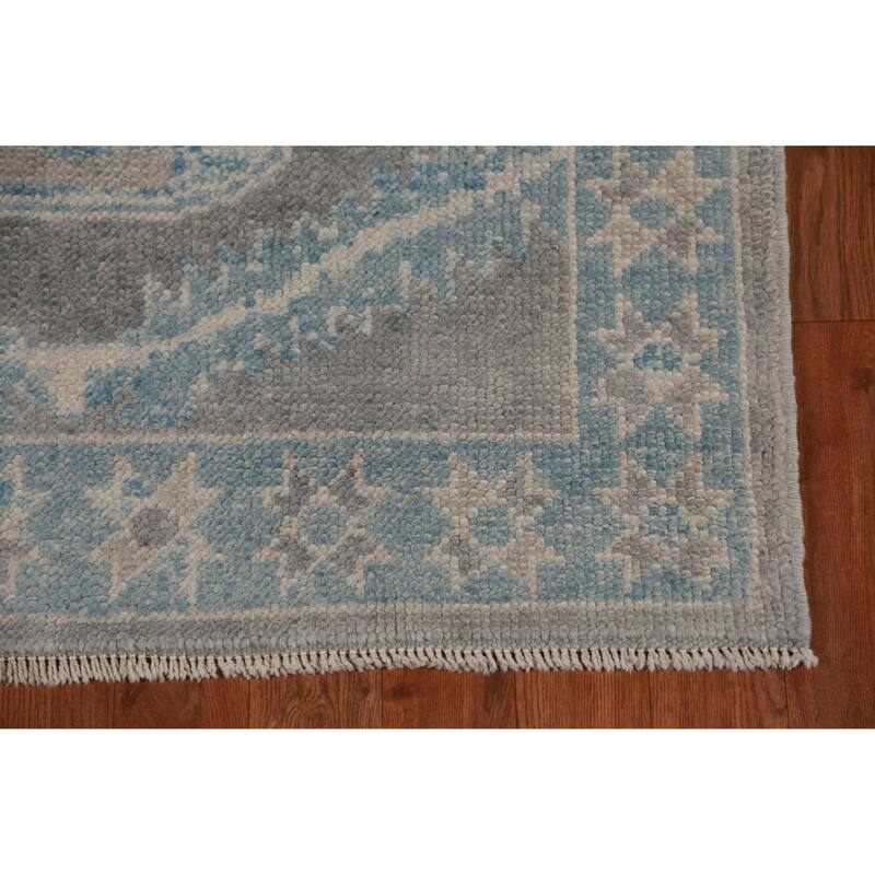 Hand Knotted Oriental 100% Wool Carpet Transitional Geometric Greys & Charcoal Oushak Runner Rug - 13' 10'' X 3' 1''