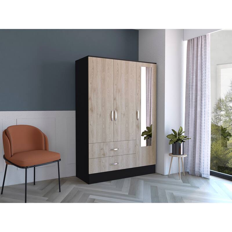 19.4" Modern Mirrored Armoire with Hanging Rod, Two Drawers and Two Interior Shelves
