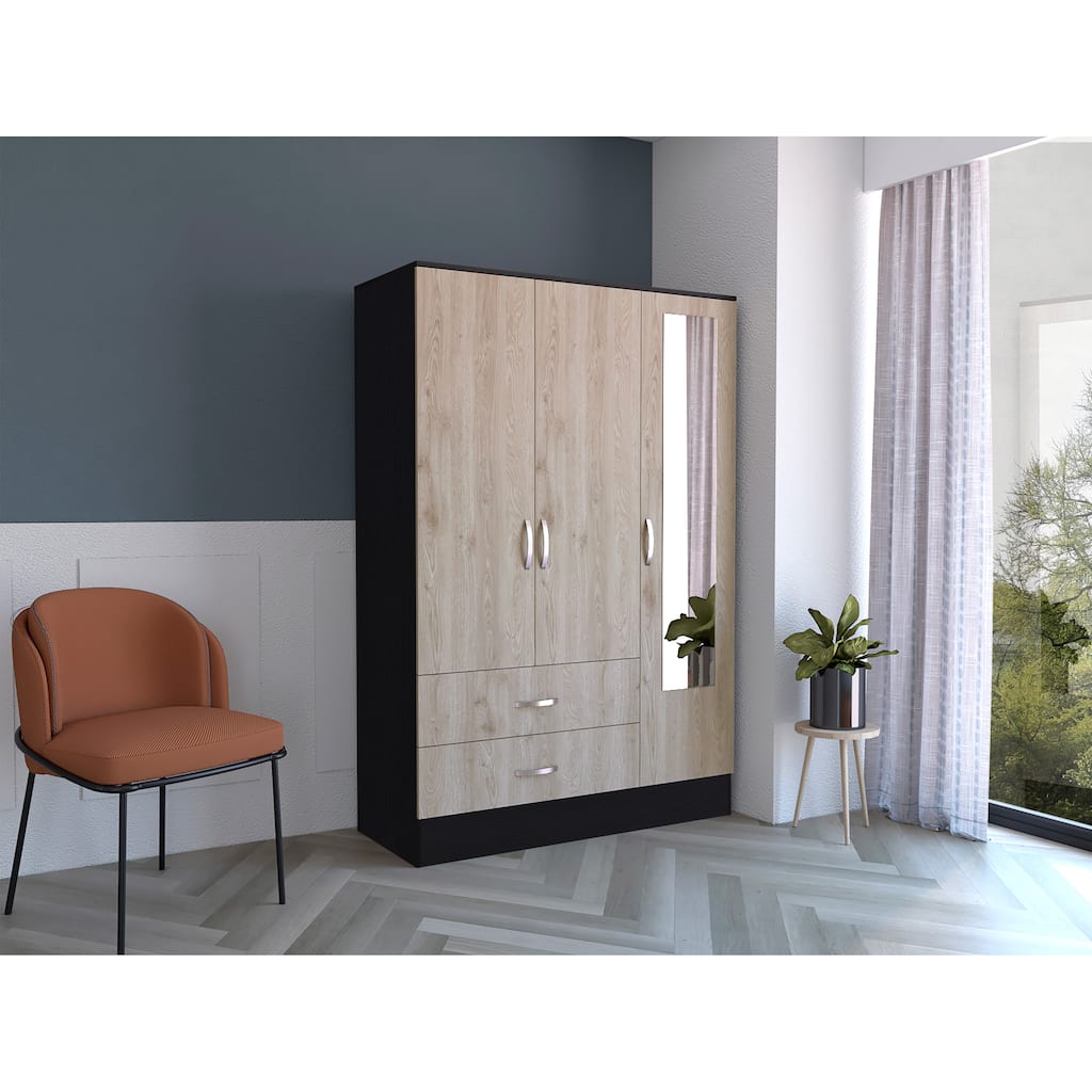 47.2" Modern Mirrored Armoire with Double Door, Five Interior Shelving Spaces and Two Drawers for Bedroom