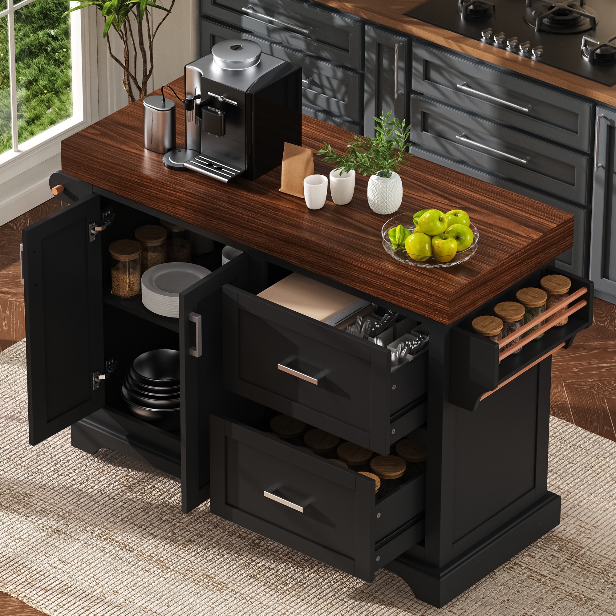 53" Large Kitchen Island with 3.5" Thick Desktop and Spice and Towel Racks, Rolling Kitchen Island with Storage on 5 Wheels
