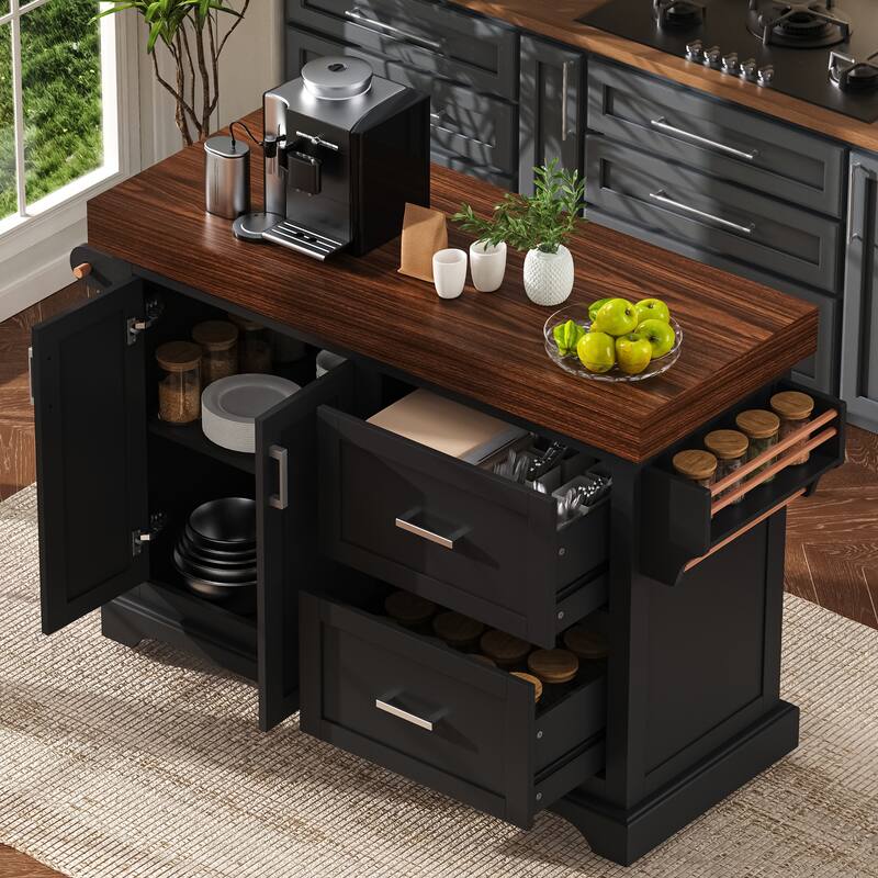 53 Inch Kitchen Island Cart with Thick Desktop Drawers Spice and Towel Racks - Black