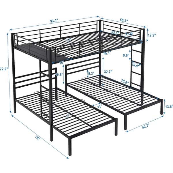 dimension image slide 1 of 2, Full over Twin&Twin Size Bunk Bed with Built-in Shelf, Black