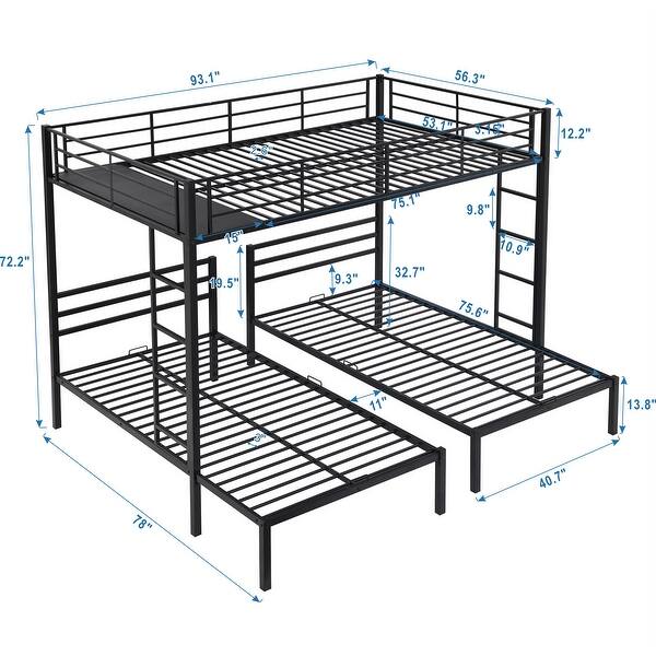dimension image slide 1 of 2, Space-Saving Metal 3-in-1 Bunk Bed, Full Over Twin&Twin Bunk Bed with Built-in Shelf & Full-Length Guardrail for Kids Boys Girls