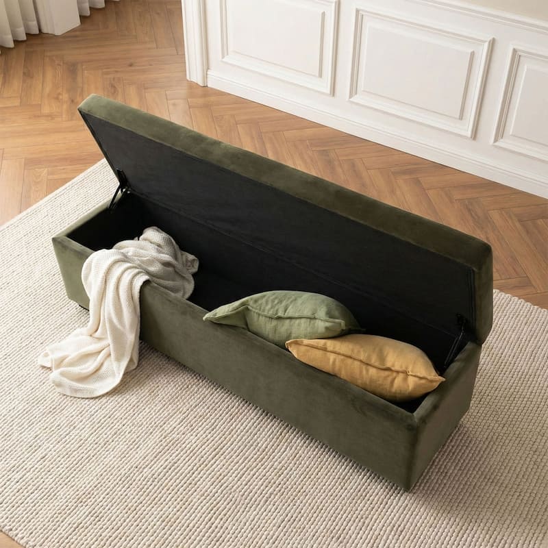 60" Wide Mid-Century Velvet Storage Bench With Solid Wood Base