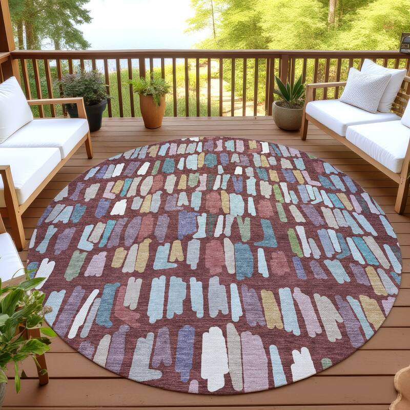 Machine Washable Indoor/ Outdoor Modern Mosaic Chantille Rug - Burgundy - 8' x 8'