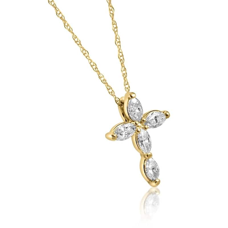 1/2Ct Marquise Diamond Cross Petite Pendant Yellow Necklace Gold (1/2 inch tall)