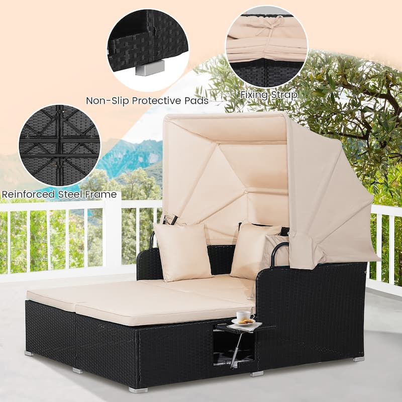 Gymax Patio Rattan Daybed Lounge Retractable Top Canopy Side Tables