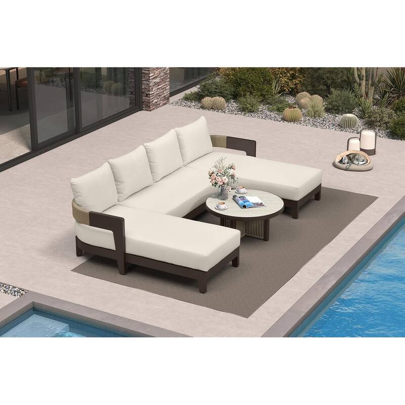PURPLE LEAF Modern Aluminum Sectional Sofa with 7.87" Cushions for Yard Porch Deck Outdoor Conversation Sets - 4-Seat w/ Ottoman - U-Shaped