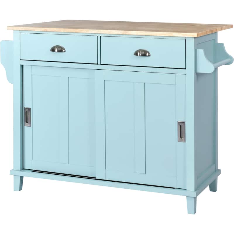 Kitchen Island Cart w/ Folding DropLeaf Countertop, Sliding Barn Door