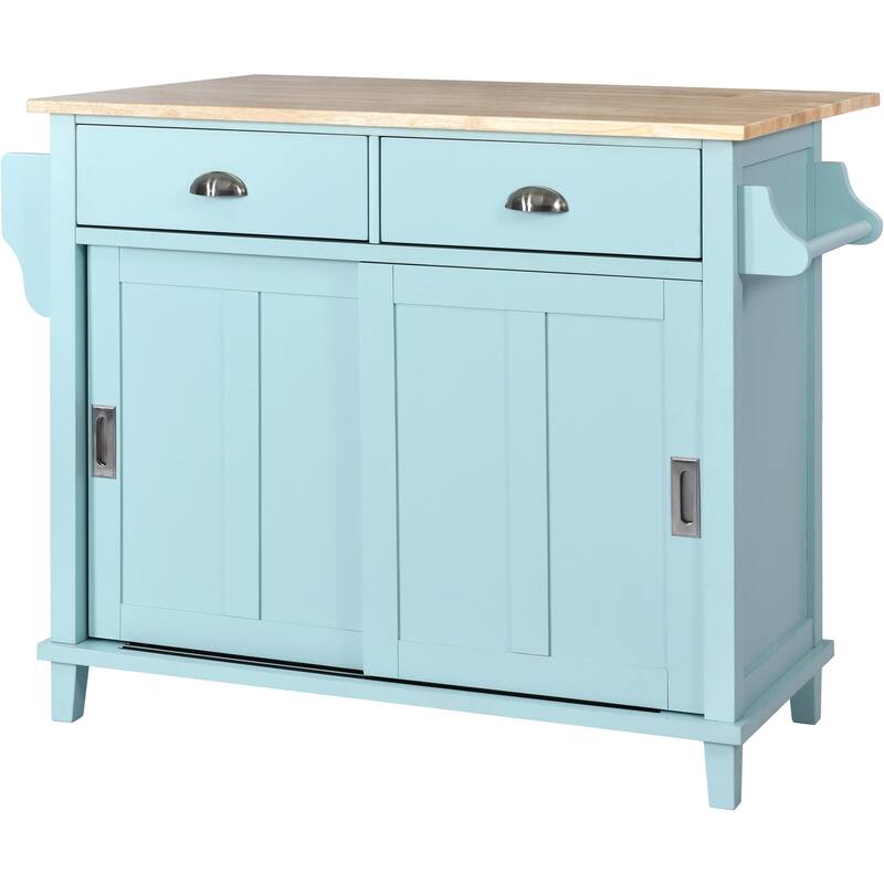 Rolling Kitchen Island with Drop-Leaf Countertop, Adjustable Shelves, 2 Drawers & Sliding Barn Door - Mint Green