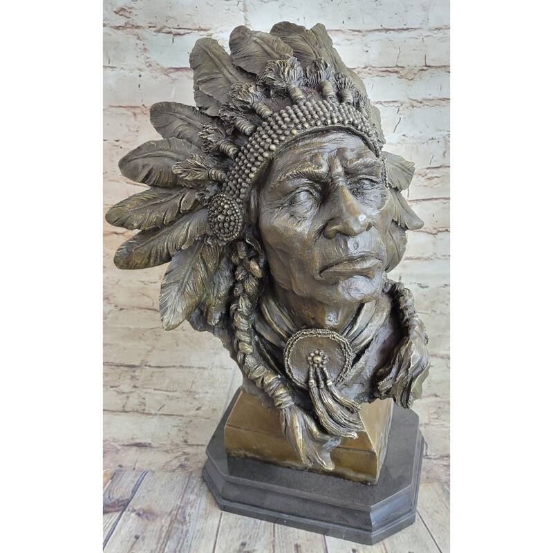 Carl Kauba Large American Warrior Bust Bronze Sculpture Marble Base Statue Decor