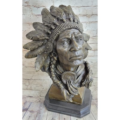 Carl Kauba Large American Warrior Bust Bronze Sculpture Marble Base Statue Decor