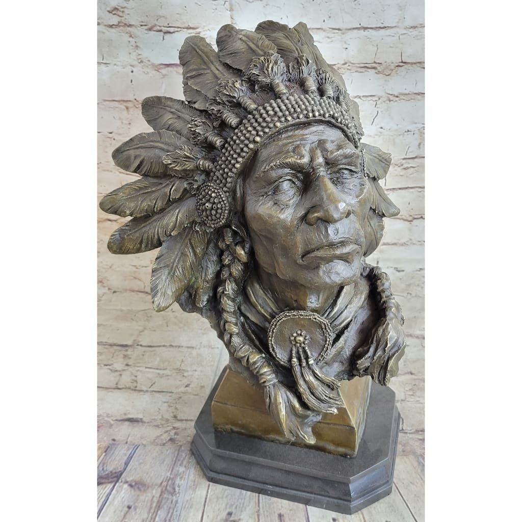 Carl Kauba Large American Warrior Bust Bronze Sculpture Marble Base Statue Decor