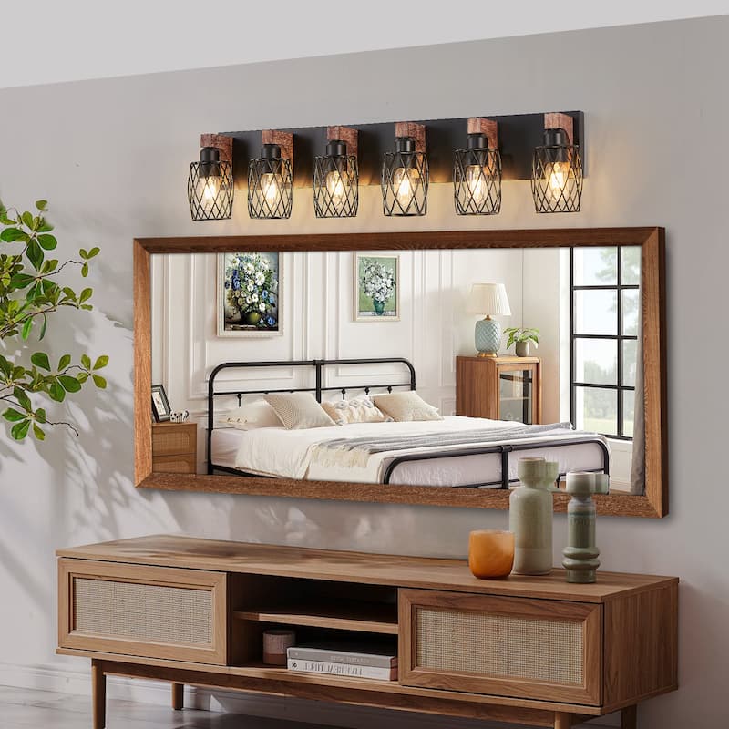 38" 6-Light Industrial Wall Sconce - Black Cage - Wood - Bathroom， Hallway, or Living Room(Bulb Not Included)