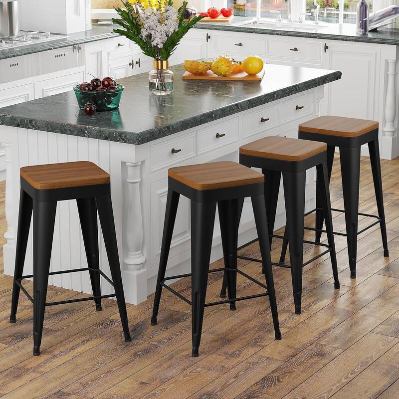 Counter & Bar Stools with Metal Frame Kitchen Stools Backless Kitchen Bar Furniture Stools with Square Wooden Seat - Black - Set of 4 - Bar Height