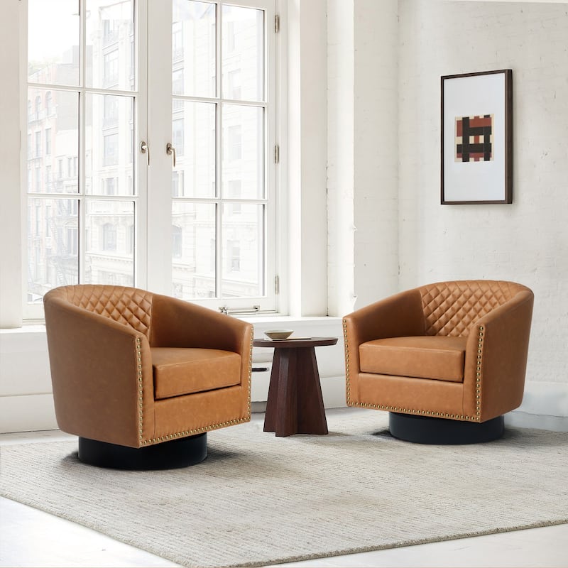 Faux Leather Nailheads Swivel Barrel Chair Set of 2 - Coffee