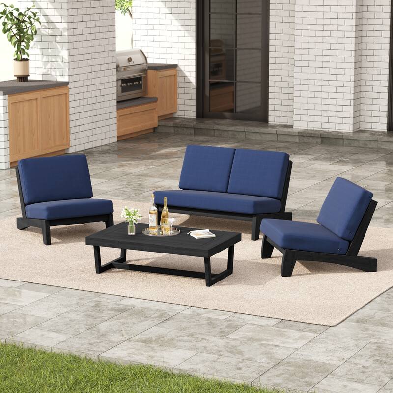 4 Set Outdoor Patio Teak Wood Club Chairs Loveseat with Cushion