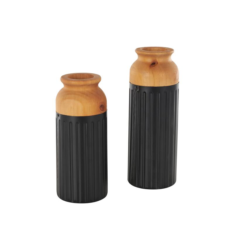 Metal Color Block Decorative Vase with Rounded Linear Grooves and Brown Wood Tops - Set of 2 Black - Roche River Decor