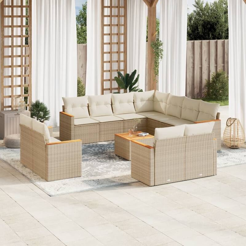vidaXL Patio Sofa Set with Cushions Outdoor Conversation Furniture Poly Rattan - 24.4 x 24.4 x 27.2 in - Beige with table