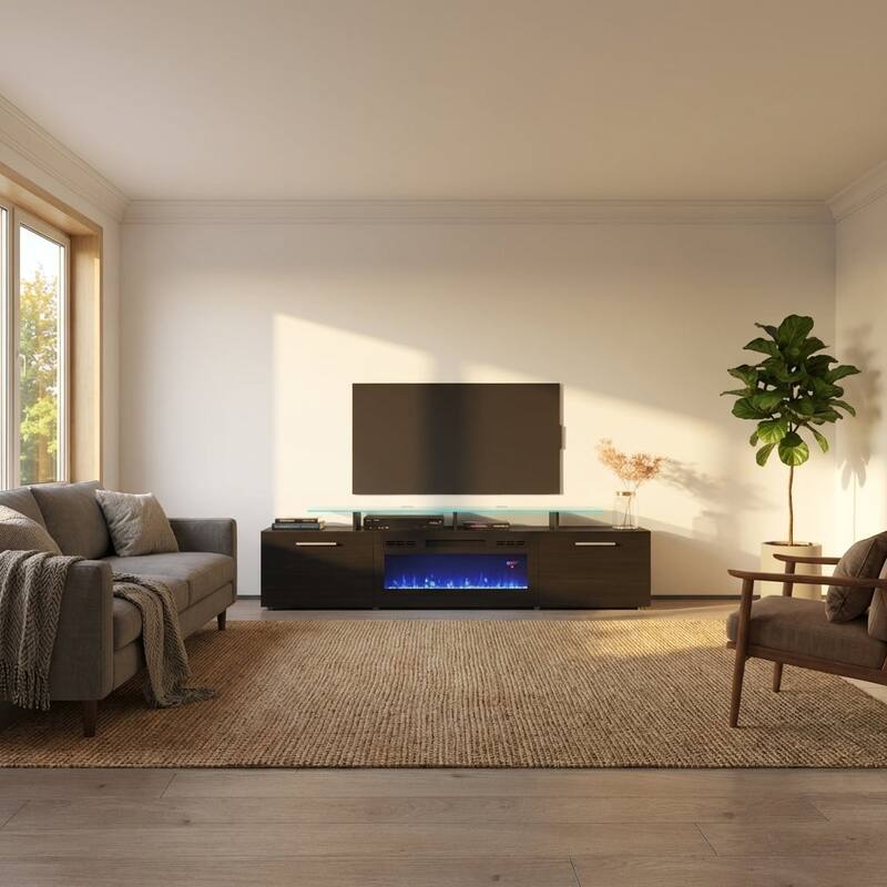 Meble Furniture Rova EF Modern 75" Electric Fireplace TV Stand for TVs up to 85", 75"W x 19"H x 14.5"D for up to 85" TVs