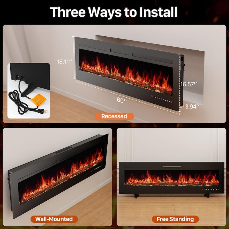Electric Fireplace Recessed and Wall Mounted Fire Places with Remote Control, Touch Screen
