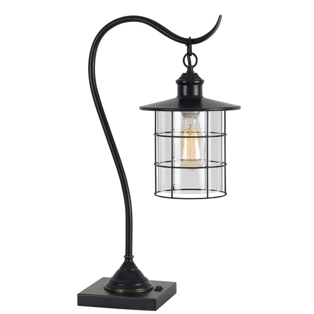 25" Industrial Bronze Desk Lamp with Clear Glass Drum Shade and Rotary Switch for Bedroom - 25" H x 13.25" W x 8.5" D