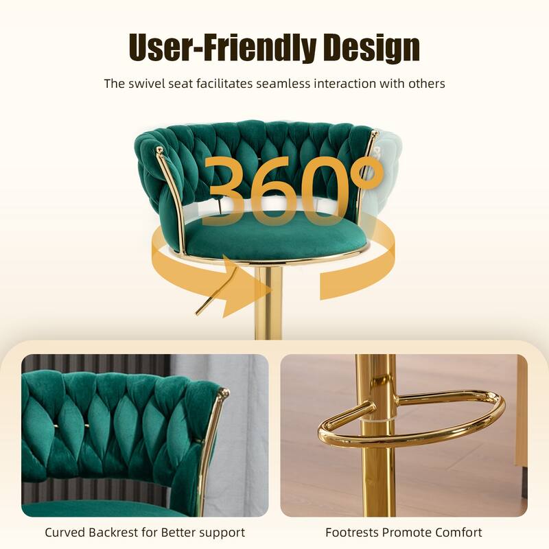 HOMEFUN Velvet Adjustable Height Swivel Armless Bar Stools With Golden Footrest(set of 2)