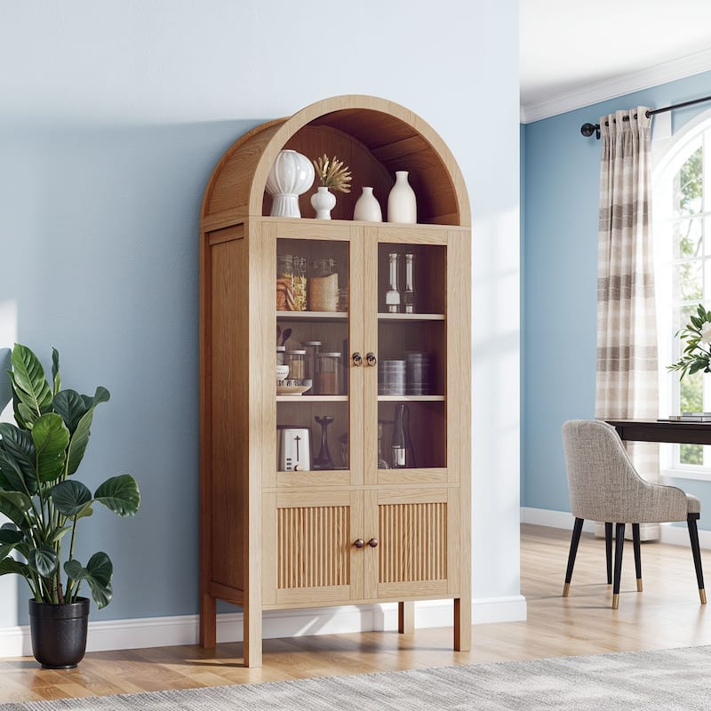 Modern 71" Tall Arched Kitchen Pantry Cabinet with LED Light,Bookcase Cabinet with Storage and Glass Doors