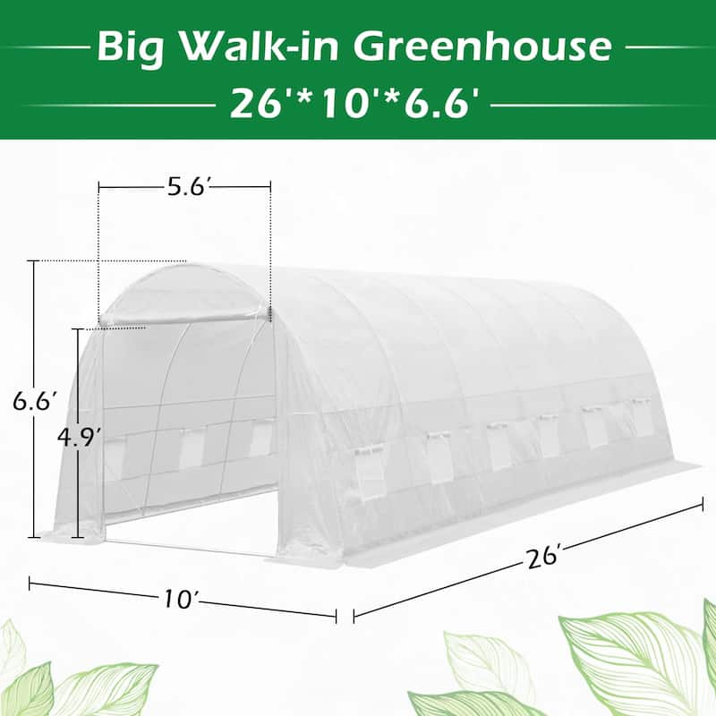 EROMMY 26' x 10' x 7' Greenhouse Large Gardening Plant Hot House Portable Walking in Tunnel Tent, White - 10' x 26'