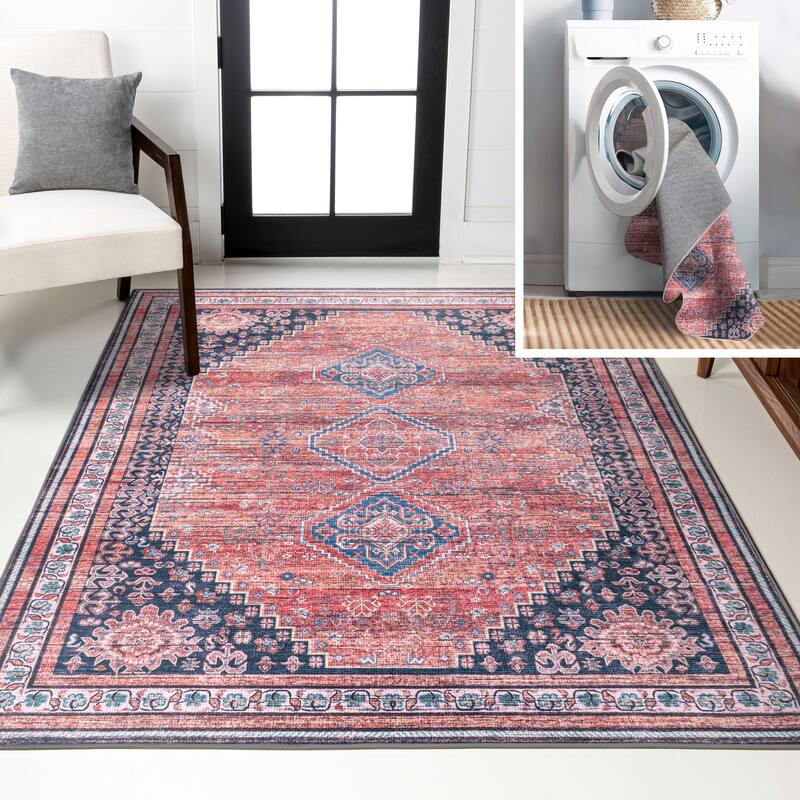 JONATHAN Y Didim Geometric Medallions Machine Washable Area Rug - 4 X 6 - Terra/Navy