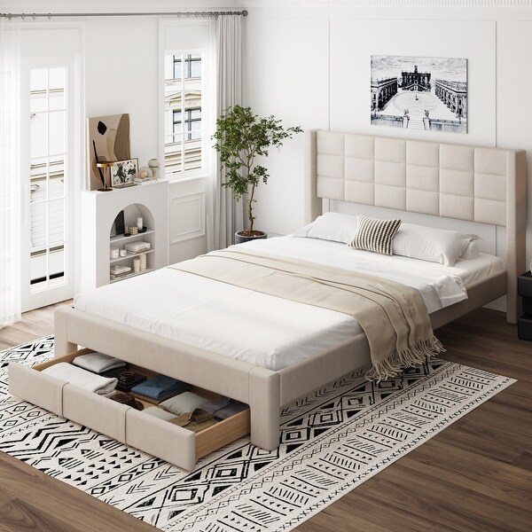 Queen Upholstered Platform Bed with Headboard Support Legs Solid Wood Bed Frame w A Big Drawer No Box Spring Required Beige