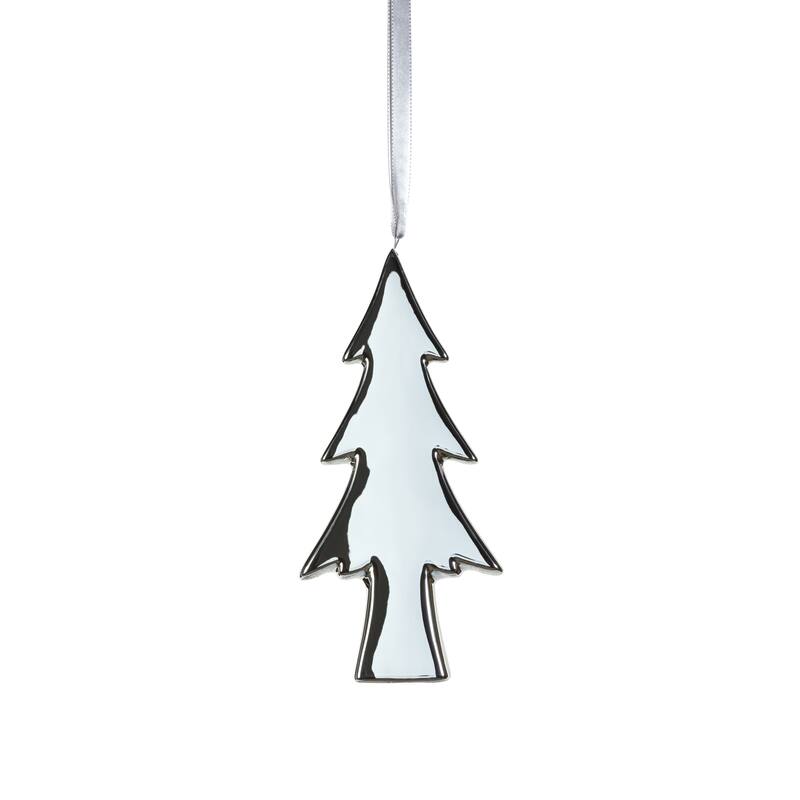 Ceramic Flat Slim Tree Hanging Ornaments, Set of 8 - Silver