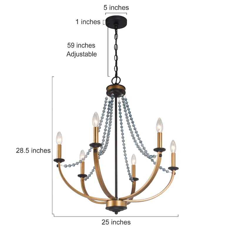 Mid-century Modern 6-Light Empire French Country Boho Dining Room Chandelier with Crystal Beads - D25" x H28.5"