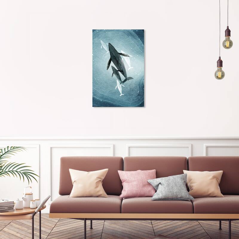 Wynwood Studio Canvas Animals Starry Whales Blue and Teal Nautical & Coastal Wall Art Canvas Print - Blue, White - 30 x 20