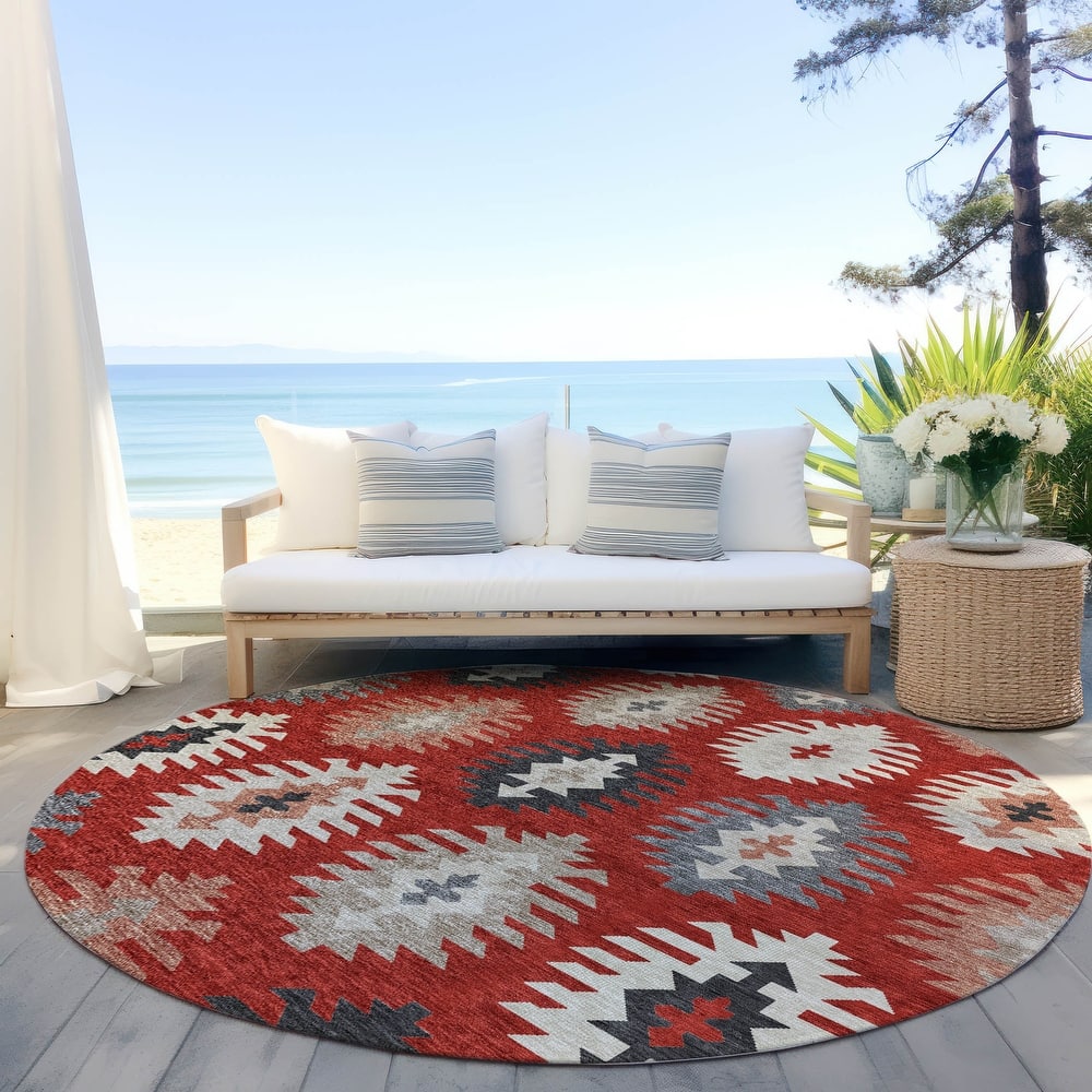 Machine Washable Indoor/ Outdoor Boho Tribal Chantille Rug