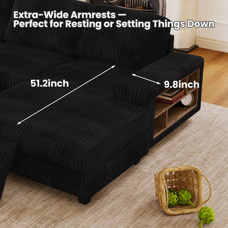 Modular Sectional Sofa with Dual Chaise Lounges, Corduroy Cloud Sofa with Armrest Storage Rack, Convertible 4-Seat Sleeper Sofa
