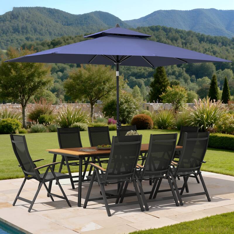 11PC Outdoor Patio Dining Set WoodLike Aluminum Umbrella Hole Table with Folding Chair,Double Top Market Umbrella and Wheel Base - BrownTable&BlackChairs&NavyBlueUmbrella