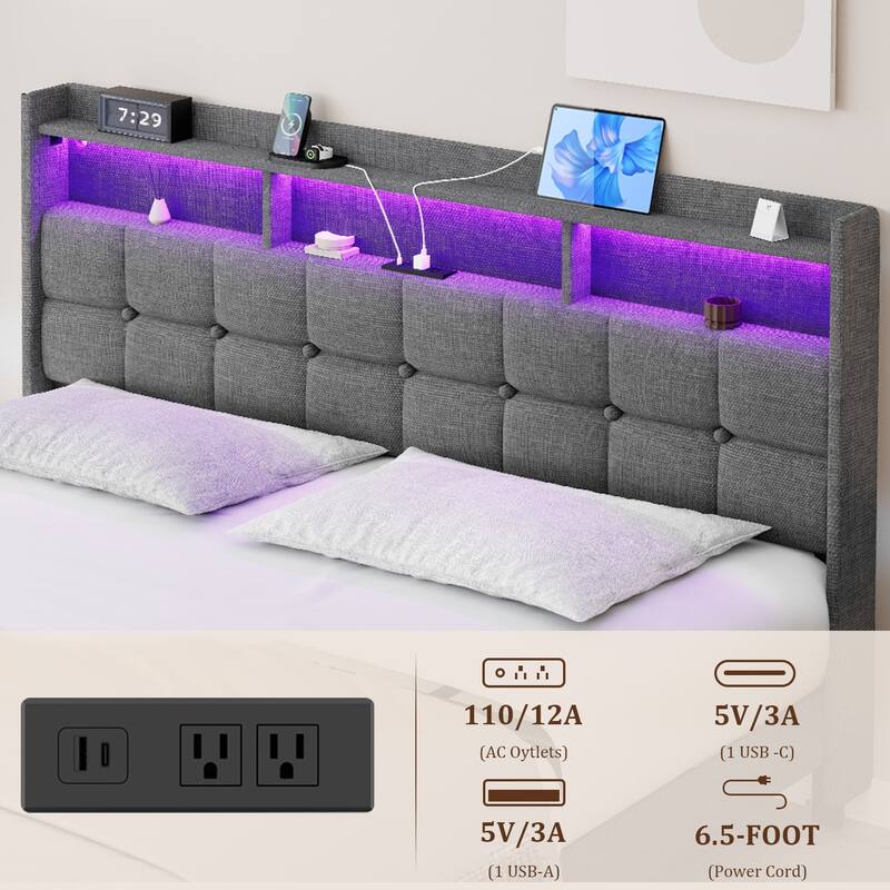 King Size Upholstered Platform Bed with LED Lights, Charging Station & Storage Headboard, No Box Spring Needed