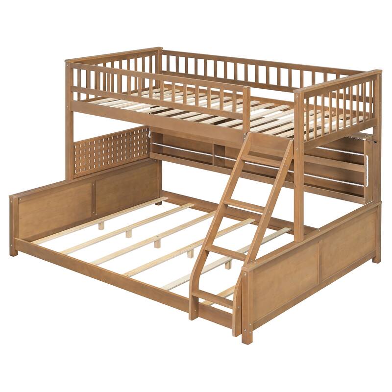 Roomfitters Twin XL over Queen Bunk Bed with Storage Shelf, Pegboard and LED Lights