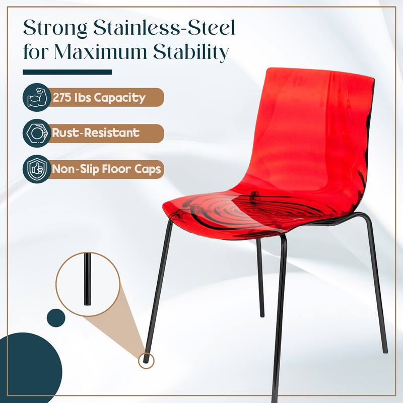 Astor Modern Minimalist Transparent Dining Chair with Black Metal Legs and Ripple Design Accent Side Chair for Indoor & Outdoor