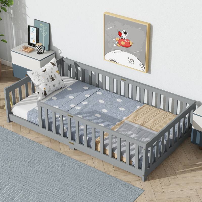 Roomfitters Twin Rubber Wood Floor Bed with Fence, Safety Guardrails, Low Profile Platform Design - Gray - Twin
