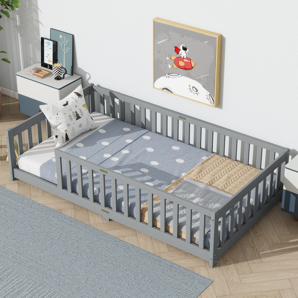 Twin Size Grey Rubber Wood Floor Bed with Safety Fence for Kids, No Door Design