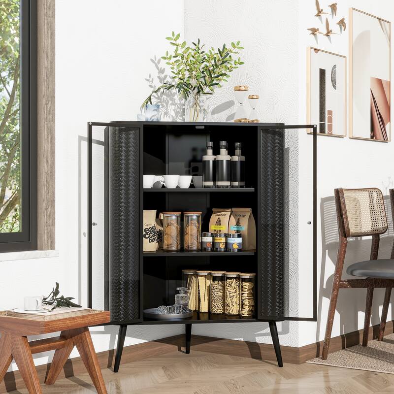 Modern 3-Tier Corner Storage Cabinet with Tempered Glass Doors, Removeable Shelves for Small Spaces