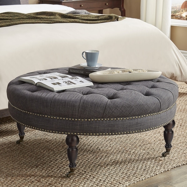 Solaine Tufted Linen Round Castered Round Ottoman Bench by iNSPIRE Q Artisan