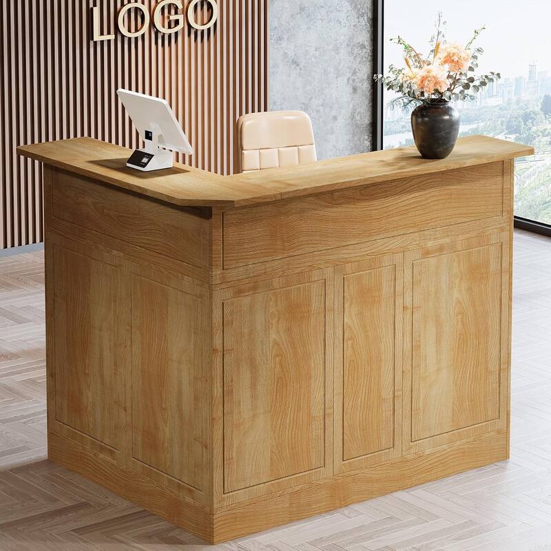Reception Desk with Storage Shelves, L Shaped Modern Front Desk