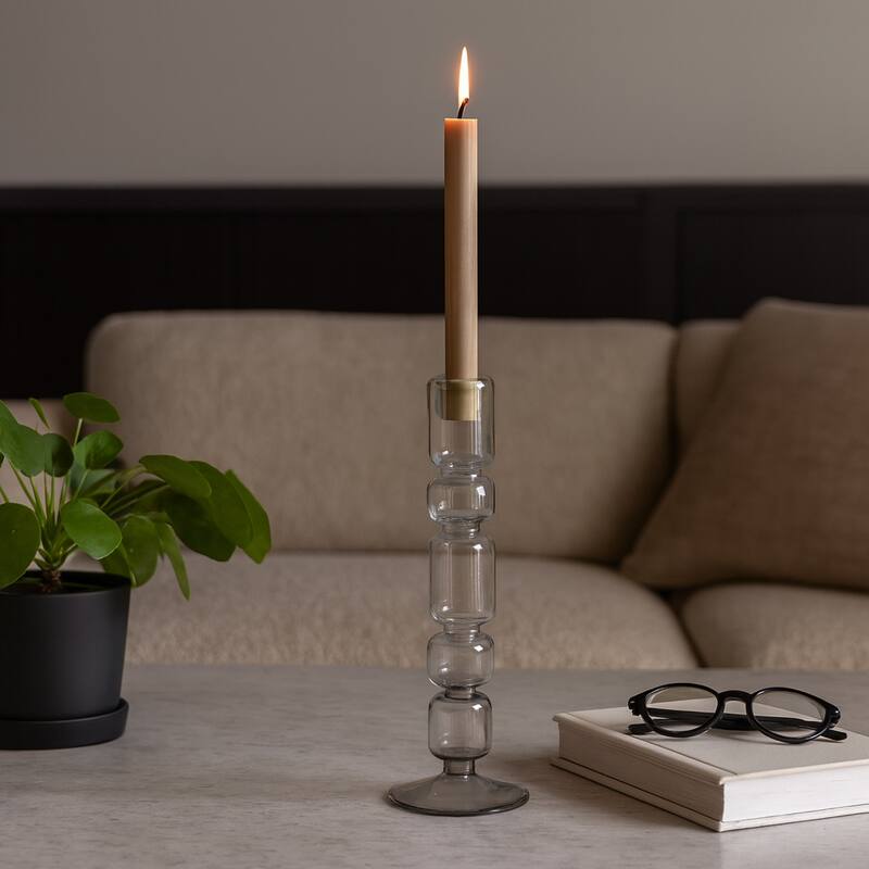 Modern Candle Holder with Stacked Sculptural Glass Base - Smoke