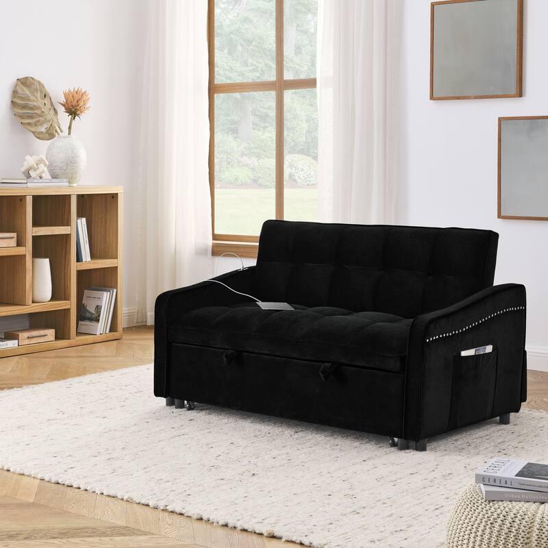 Roomfitters Velvet Loveseat Sofa Bed with Pull-Out Bed, Adjustable Back, USB & Type-C Charging, Arm Pockets