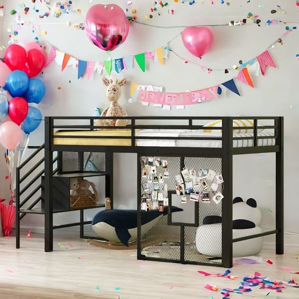 slide 2 of 15, Space-Saving Low Loft Bed with Built-in Storage Staircase for Kids Black