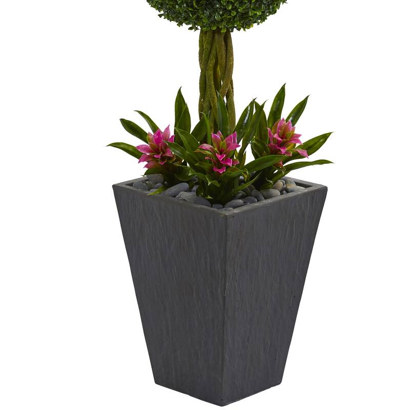 5ft Double Boxwood Ball Topiary Artificial Tree in Slate Planter with UV Resistant Greenery and Faux Flowers Accent